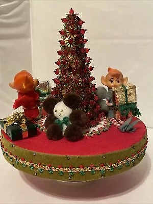 Vintage Sankyo Japan Rotating Musical Christmas Tree With 2 Pixie Elf Figures • $39.95