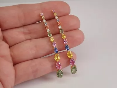 7Ct Oval Lab-Created Multi Color Sapphire Long Earrings 14k Yellow Gold Plated • $145.79