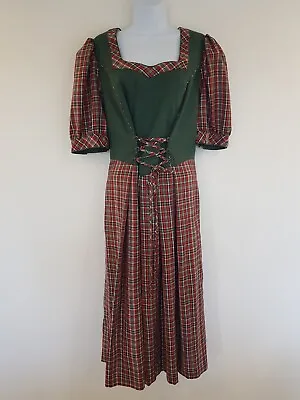 Vintage Dress Green Red Linen Blend Corset Tartan Check Xmas Size 16 Dirndl Long • £50.15