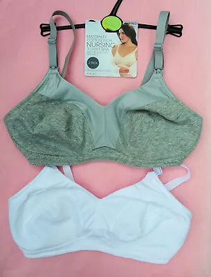 M & S 2 X Non Wired Nursing Maternity T-shirt Bras Cotton Rich Grey / White • £9.99