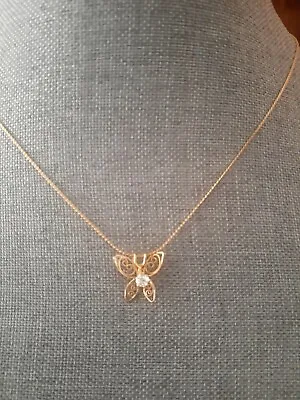 Vintage Gold Plated Butterfly And Rhinestone Pendant Necklace • $14.99