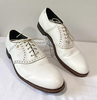 FOOTJOY White Saddle Golf Cleats Shoes Sz 14 AA Vintage USA Made Pebbled Leather • $65