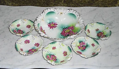 Art Nouveau RS Wheelock Prussia Iris Poinsettia Master Bowls Set W 6 Pieces • $144.35