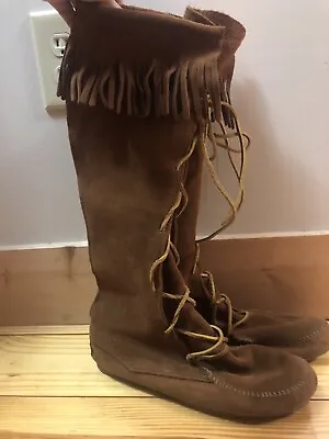 Minnetonka 1922 Fringe Tall Boot Moccasins Leather Suede Brown W9 Costume • $50