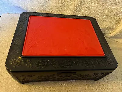 Vintage Plastic Asian Oriental Themed Jewelry / Sewing BOX Embossed Red Black • $15