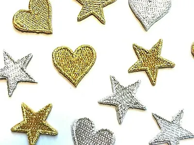 STAR Or HEART PATCH X 3; Metallic GOLD Or SILVER *small* SEW-ON/IRON-ON *BN* • £2.99