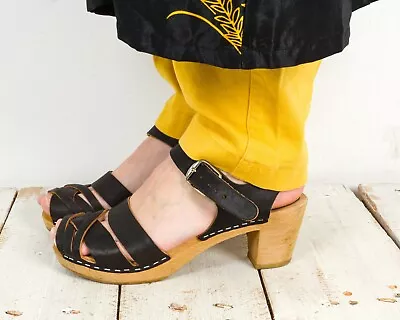 MOHEDA Leather Heels Sandals Swedish Ankle Strap Clogs EUR 37 UK 4.5 US 6.5 VTG • $53.62