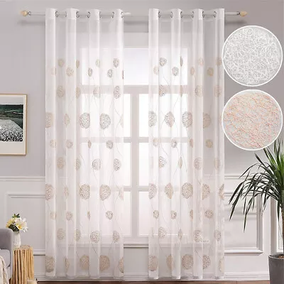 2Panels Embroidered Sheer Curtains Voile Net Window Drapes Bedroom Panels Eyelet • £17.87