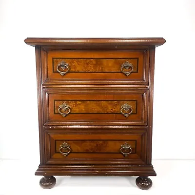 Vintage Italian BurlWood Inlaid Nightstand 3 Drawer Chest Brass Pull Bun Ft 70s • $399.87