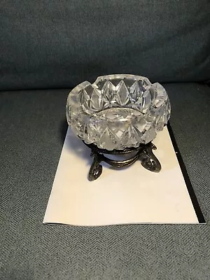 Vintage Mid Century Heavy Cut Glass Ashtray On Metal Stand Diamond Design • $29