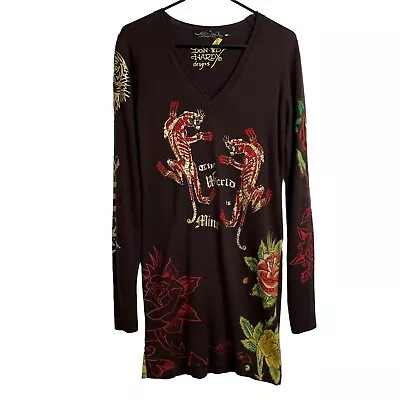 Ed Hardy Sweater Dress Large Womens Brown Gold Tiger Floral Rhinestones Metallic • $75.95