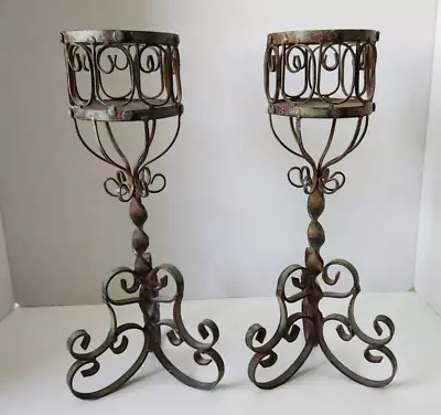 Pair Gothic Style Wrought Iron Scroll Pillar Candle Holders Table Size 15  Tall • $40