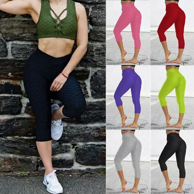 Women 3/4 Gym High Waist Leggings Ladies Fitness Sports Running Yoga Pants New   • £8.49