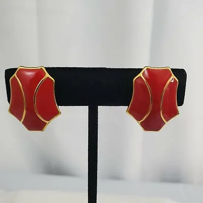 Monet Red Enamel Gold Tone Trim Clip On Earrings Vintage • $14.99