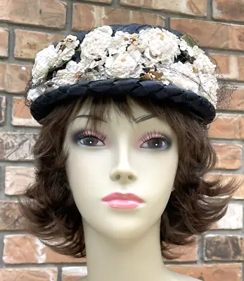 Antique Navy Blue Ladies Straw Hat Great Millinery Ivory Velvet Flowers Veil • $30.99