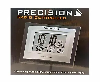 Precision Silver LCD Radio Controlled Date Digital Clock AP046 NEW • £14.99