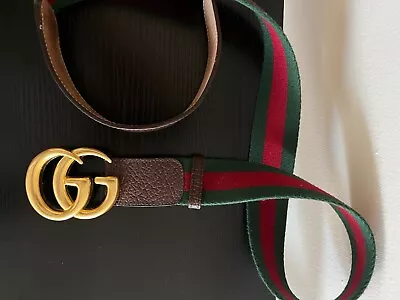 Gucci GG Belt W38 Men Green/Red & Leather Stripe Gold Logo Buckle • $250