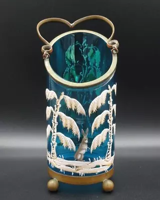 Blue Victorian MOSER Hand Painted Enamel Woodland SNOW RABBIT Art Glass Vase • $400