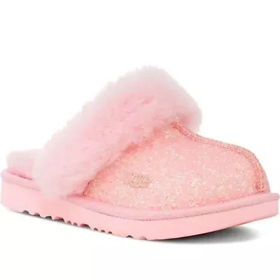 UGG Kids' Cozy II Scuff Shearling Wool Lined Slipper Seashell Pink Glitter NIB • $41
