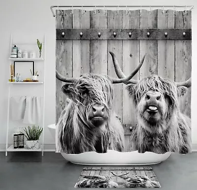 Rustic Board Highland Cow Farmhouse Shower Curtain Bathroom Accessories Set • $28.04