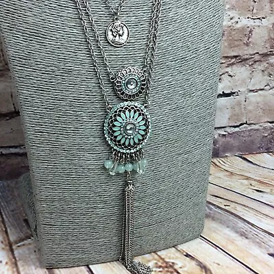 £4.99 • Buy Multi Strand Long Necklace Silver Tone Grecian Tassel Sea Green Rhinestone