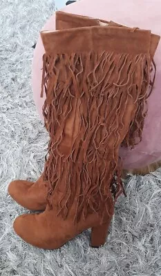 Tan Faux Suede High Tassled Boots With Zip Size 5 • £14.99