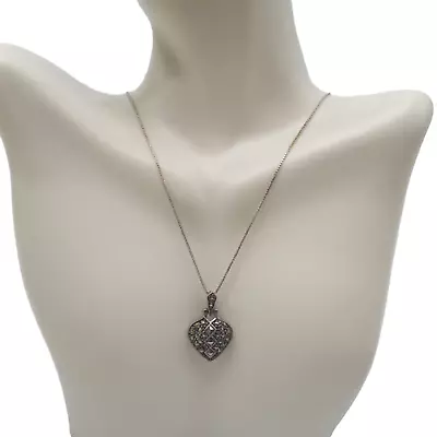 925 Sterling Silver Marcasite Heart Shape Pendant Box Chain Necklace Vintage • $25.49