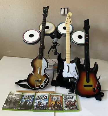 $407.48 • Buy Xbox 360 Rock Band Beatles Bundle 3 Guitars Mic Drum Set & 5 Games