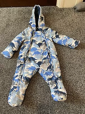 Baby Boy M&s Blue Dinosaur Pramsuit Snowsuit Coat Age 9-12 Months Padded 80cm • £2.50