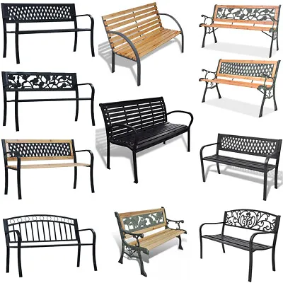 Garden Bench 80-125 Cm Wooden Metal Patio Seat Outdoor Chairs Seating Furniture • £50.69