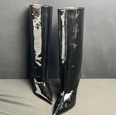 $352 • Buy Amina Muaddi Fiona Black Patent Leather High Heel Boots Women's Size 10 New
