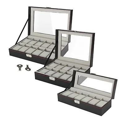 Watch Display Grid Box Lockable Case Faux Leather Jewellry Storage Organiser Key • £9.99