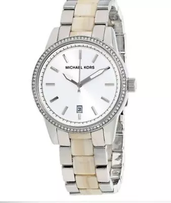 Michael Kors Ladies Silver /Horn Acetate Band White Dial Watch MK6371 • $110