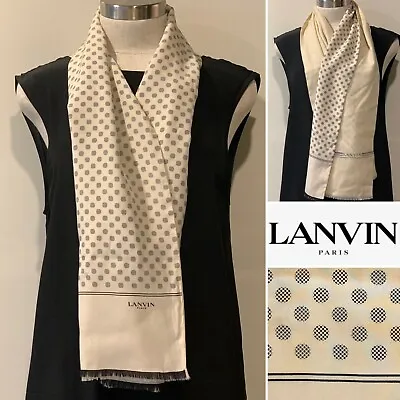 LANVIN Paris Reversible Silk Crepe SpotWool Double Scarf 29x136cm Fringe Unisex • $199