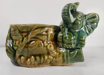 Vintage Majolica Style Green Ceramic Elephant & Bamboo Bowl Planter Lucky 3 X6 • $16.99