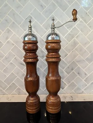 Vintage Salt Shaker & Pepper Grinder Dark Wood And Metal 12  Kitchen Shakers • $25