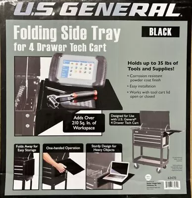 Folding Side Tray For 4 Drawer Tech Cart Black U.S. GENERAL (SIDE TRAY ONLY) • $71.95