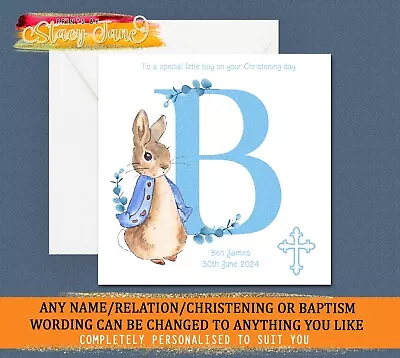 Personalised Christening Card Baptism Blue Boy Son Bunny Rabbit Grandson Godson • £2.95