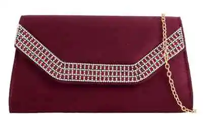 Womens Faux Suede Clutch Bag Diamante Trim Envelope Evening Prom Wedding Handbag • £13.99