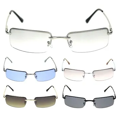 Mens Spring Hinge Narrow Rectangular Rimless Classy Metal Rim Sunglasses • $12.95