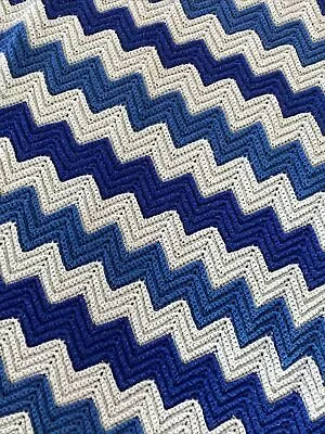 VINTAGE Handmade Blanket Retro Granny Chevron Blues Crochet Afghan  74”x 40” • $20.96