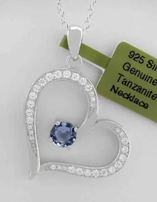 GENUINE 0.55 Cts TANZANITE & WHITE SAPPHIRES HEART NECKLACE .925 Silver - NWT • £4.42