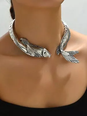 Koi Fish Necklace Silver Tone Choker Unique Jewelry Statement Ocean Jewelry NEW • $24.99