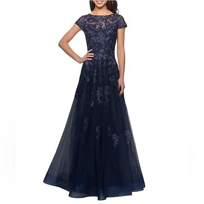 NWT La Femme Navy Short Sleeve Embroidered Tulle Gown #26907 Size 18 Reg. $619 • $119