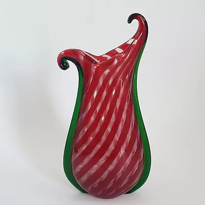 Murano Art Glass Vase 7  Zanfirico Latticino Red White Green Wings Vintage • $135