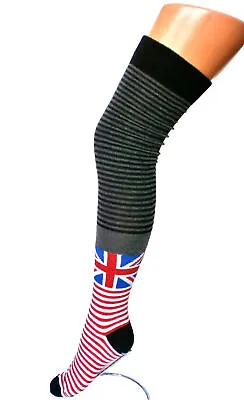 UNION JACK UK GB FLAG GREY STRIPE OVER KNEE SOCKS LADIES Shoe Size 4-7 Festival • £4.30
