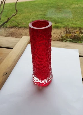 £115 • Buy Whitefriars Textured Ruby Red Glass Large Finger Vase.9729 Geoffrey Baxter.C1974