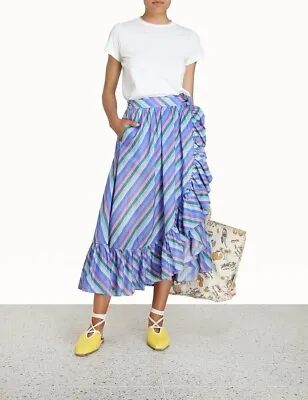 Zimmermann Poppy Frill Wrap Midi Skirt Lilac Stripe Frill Boho Peasant Size 1 • $154.79