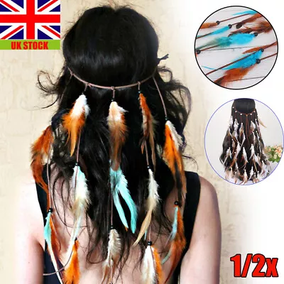 UK Boho Indian Feather Hairband Carnival Headband Hippie Tassel Native Costumes • £9.49