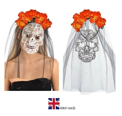 £3.96 • Buy Day Of The Dead ORANGE ROSE SKULL VEIL HEADBAND Adult Kids Halloween Band NEW UK